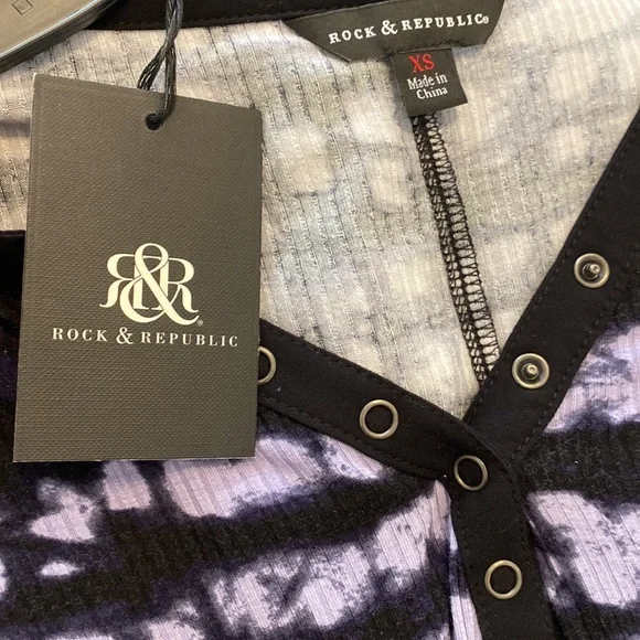 Rock & republic womens shirt tie-dye black purple snap button ribbed XS - Picture 7 of 16